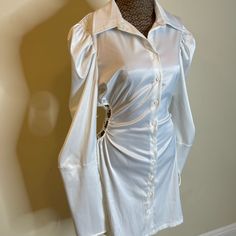 Brand New. White Aliyah Core, Core Outfits, Satin Shirt Dress, Button Down Shirt Dress, Fashion Nova Dress, Satin Shirt, Fashion Nova Dresses, Fashion Nova, Colorful Dresses