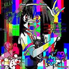 an abstract painting of a woman with long hair and glasses holding a teddy bear in front of colorful squares