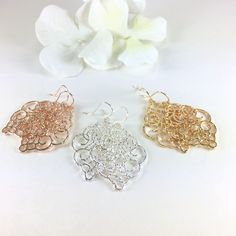 "Large Filigree Earrings, Gold Silver Rose Gold Earrings, Hammered Earrings, Medallion Earrings, Statement Earrings, Moroccan Earrings, Dangle Earrings, Drop Earrings, Filigree Pendant Earrings, Wedding Bridal Earrings Composed of large gold/silver/rose plated hammered moroccan filigree pendant hung from oval copper ear wires. Dangle length is 2\" from top of ear wire. Discount for multiple (3 pair or more) bridal party orders. CUSTOM REQUESTS ARE ALWAYS WELCOMED! ● Would you prefer a different Rose Gold Pierced Teardrop Earrings For Gift, Rose Gold Filigree Dangle Jewelry, Rose Gold Teardrop Earrings Gift, Dangle Rose Gold Earrings For Pierced Ears, Rose Gold Dangle Teardrop Earrings With Ear Wire, Rose Gold Ear Wire Earrings For Party, Rose Gold Dangle Flower Earrings In Sterling Silver, Rose Gold Pierced Metal Earrings, Rose Gold Sterling Silver Dangle Flower Earrings