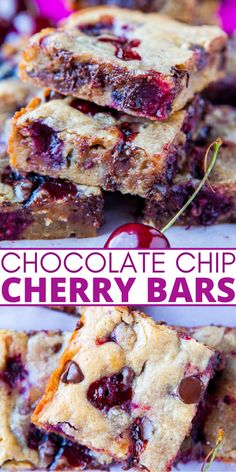 chocolate chip cherry bars stacked on top of each other