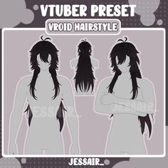 a woman with long black hair standing in front of a sign that says vuber preset void hairstyle