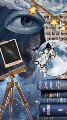 an astronaut floating in the sky next to books and a telescope on a tripod