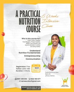 a flyer for a nutrition course with an image of a woman in white lab coat