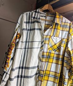 Extremely soft high quality flannel combined with a 1996 Horde concert t-shirt! Patchwork Flannel, Yellow Plaid Shirt, Festival Shirt, Womens Flannel Shirt, Plaid Shirts, Concert T Shirt, Festival Shirts, Flannel Women, Yellow Plaid