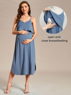 Stay comfortable and stylish during your pregnancy with our Airy A-Line Maternity Dress. Featuring adjustable spaghetti straps, this knee-length dress is designed for both comfort and fashion. The A-line silhouette allows for plenty of movement, while the lightweight and breathable fabric keeps you cool. Perfect for both casual and semi-formal occasions, this maternity dress will become a staple in your wardrobe. Get yours today and enjoy the perfect combination of style and comfort. Skater Maternity Dress, Nursing Dress For Wedding Tiffany Rose Maternity, Curvy Maternity Fashion, Summer Maternity Clothes, Feeding Kurtis, Breastfeeding Dresses, Maternity Dress Pattern, Maternity Wear Dresses, Maternity Dresses Casual