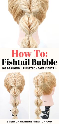 How to fake a fishtail Cute Easy Hairstyles For Work, Cheer Ponytail Hairstyles, Fishtail Bubble Braid, Mermaid Ponytail, Faux French Braid, Faux Fishtail Braid, Rope Braid Hairstyles, Fishtail Pigtails, Knotted Ponytail