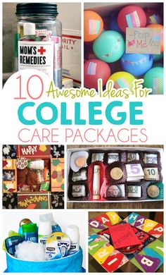 collage of college care packages with the words 10 awesome ideas for college care packages