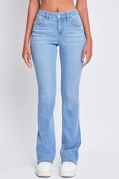 Stretch Denim Blue Straight Leg Flares, Denim Blue Stretch Straight Leg Flares, Flared Stretch Jeans With Five Pockets, Stretch Flare Jeans With Five Pockets, Stretch Denim Flares With Five Pockets, Stretch Flare Jeans In Medium Wash, Trendy Stretch Flare Jeans With Standard Leg, Fitted Light Wash Flare Jeans, Mid-rise Stretch Flare Jeans With Five Pockets