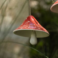 two red and white mushrooms hanging from strings