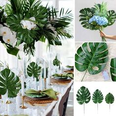 the table is set with flowers and greenery