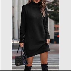 Nwt Black Sweater Dress. Still In Packaging. Casual Fall Party Sweater Dress, Black Knee-length Sweater Dress For Fall, Knee-length Black Sweater Dress For Fall, Casual Black Sweater Dress For Fall, Solid Winter Sweater Dress For Night Out, Solid Sweater Dress For Winter Night Out, Winter Sweater Dress For Night Out, Fall Long Sleeve Sweater Dress For Night Out, Long Sleeve Sweater Dress For Fall Nights