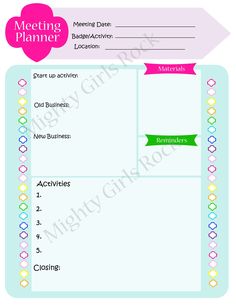 a meeting planner is shown with the name and date on it, as well as an arrow