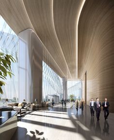 people walk through the lobby of an office building with large windows and wooden ceilinging