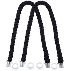 three black rope with metal fittings on each end and two white knobs on the top