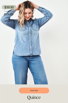 Roll up, roll up. Our denim shirt will have you looking relaxed but ready for anything. As comfy as it is stylish, this classic is made of soft, 100% cotton denim with roll-up sleeves, two front pockets, and darted back for more shape. The tulip sides give a bit of feminine curve and the distressed wash provides extra texture.  | Quince | Women's Distressed Denim Shirt in Blue, Size Medium, Cotton Everyday Light Wash Chambray Denim Top, Classic Medium Wash Chambray Denim Top, Medium Wash Chambray Denim Button-up Top, Relaxed Fit Medium Wash Chambray Denim Top, Medium Wash Button-up Denim Top, Everyday Light Wash Button-up Denim Top, Everyday Medium Wash Button-up Denim Top, Washed Chambray Denim Button-up Top, Washed Chambray Button-up Denim Top