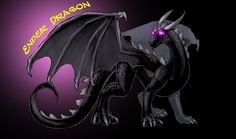 a black dragon with purple eyes on it's head and tail, standing in front of a dark background