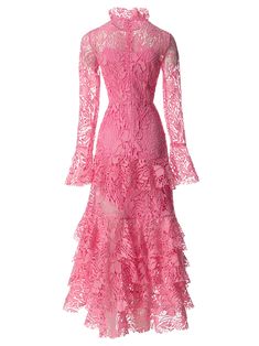 Material: Polyester, Cotton Lace & Ruffles detail Delicate dry clean Protect accessory before washing Cool iron Sample size S Our Style No. ZC_SETAI PINK Pink Lace Maxi Dress, Lace Layers, Tiered Ruffle Dress, Ruffle Midi Dress, Feather Dress, Pink Midi Dress, Lace Maxi, Lace Ruffle, Lace Maxi Dress