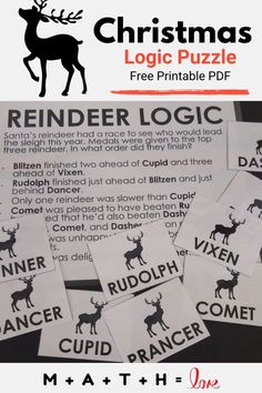 Reindeer logic puzzle with printable reindeer cards. Christmas Algebra Activities, Christmas Activities For High School, Christmas Math Activities 4th Grade, High School Christmas Activities, Math Christmas Tree, Christmas Logic Puzzles Free, Middle School Christmas Activities, Christmas Activities For Middle School, Christmas Brain Teasers