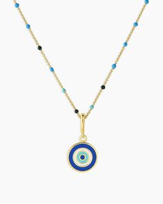 Evil Eye Capri Necklace – gorjana Fine Jewelry In 14k Gold Circle Shape, Everyday Blue Tarnish-resistant Jewelry, Yellow Gold Evil Eye Round Pendant Jewelry, Yellow Gold Evil Eye Round Pendant, Stackable Round 14k Gold Filled Necklaces, 14k Gold Stackable Necklaces For Layering, Everyday Stackable Round Necklaces, Dainty Round Stackable Necklaces, Everyday Round Evil Eye Jewelry