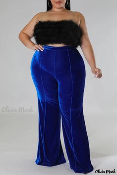 Olivia Mark - Blue and Multicolored Patchwork Casual Trousers for Plus Size Women Blue Non-stretch Party Bottoms, Blue Full Length Pants For Party, Plus Size Trousers, Crop Top Dress, Long Sleeve Short Dress, Stylish Plus, Velvet Pants, Daily Dress, Casual Trousers