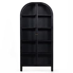 a black bookcase with two doors and shelves on the bottom, one door open