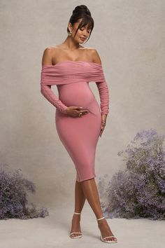 Pink Fitted Maternity Dress For Party, Fitted Pink Maternity Dress In Feminine Style, Fitted Pink Feminine Maternity Dress, Feminine Fitted Pink Maternity Dress, Pink Fitted Maternity Dress, Chic Off-shoulder Maternity Dress, Chic Pink Fitted Maternity Dress, Chic Pink Maternity Dress, Pink Maternity Dress For Summer Party