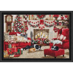 a cross stitch christmas scene with two dogs and three cats sitting in front of the fireplace