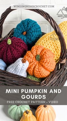 crochet pumpkin and gourds in a basket with text overlay that says,