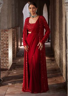 Nidhika Shekhar-Red Jalsa Draped Sari And Cape Set-INDIASPOPUP.COM Drape Sari, Western Saree, Desi Vibes, Cape Set, Buy Designer Sarees Online, Sequin Cape, Embroidered Cape, Draped Saree, Open Blouse