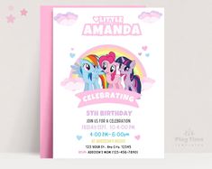 a pink birthday card with three little ponys on it and the words, little amannaa celebrating