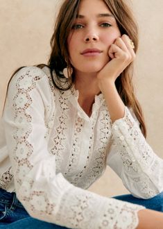 Long-sleeved shirt;Gathered high collar;Lace trims on body, sleeves and cuffs;Length from shoulder 62 cm / 24.4 in (for a 36) Sezane Blouse, White Embroidered Shirt, Fabric Roman Shades, Style Parisienne, Paris Mode, 가을 패션, Mode Inspiration, Embroidered Shirt, Parisian Style