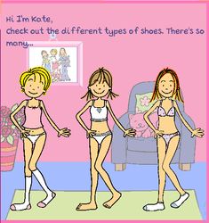 three girls in bathing suits standing next to each other with the caption'hi i'm kate, check out the different types of shoes there's so many