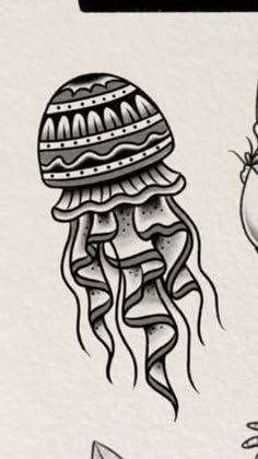 an ink drawing of two jellyfishs and a cat