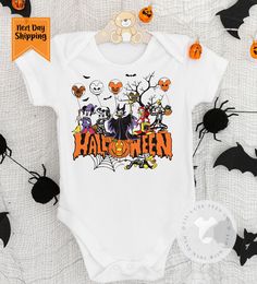 This listing is for the super cute Mickey and friends Halloween costume bodysuit. Lil Cute Tess Co uses Gerber Brand bodysuit bodysuit , they are super soft quality cotton bodysuits. The design is directly printed on to the bodysuit using safe eco-friendly inks.  PRODUCTION TIME AND SHIPPING -All orders next business day. Fun Cartoon Print Bodysuit For Playtime, Cartoon Print Bodysuit For Playtime, White Bodysuit For Halloween Costume Party, White Onesie Halloween Costume, Fitted Halloween Onesie For Playtime, Fitted Onesie For Halloween Playtime, Cute Halloween Onesie For Playtime, Playful Halloween Costume Onesie, Cute White Halloween Onesie