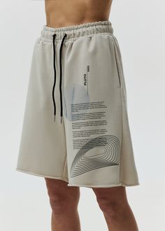 Shorts with an oversize fit. It features a stylish print in the PLUTO edition. Made with high quality materials. Material: 100% cotton three thread Printed Shorts Men, Natural Geometry, Fashionable Activewear, Oversized Shorts, Running Outfits, Outfit Sport, Denim Men, Activewear Fashion, Sewing Lessons