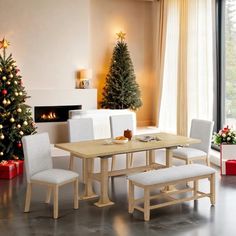 a dining room table with white chairs and a christmas tree in front of the fireplace