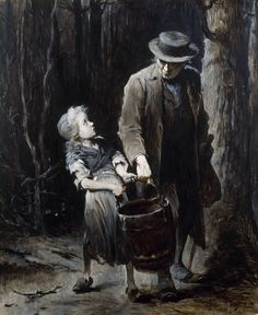 an old man holding a bucket next to a young boy in a forest with trees