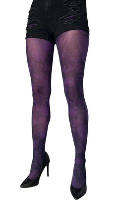 Purple Floral Patterned Tights | Malka Chic Purple Stretch Hosiery For Party, Stretch Purple Hosiery For Party, Elegant Stretch Elastane Stockings, Purple Thigh-high Tights For Party, Purple Thigh-high Party Tights, Purple Stretch Elastane Tights, Purple Thigh High Party Tights, Purple Thigh High Tights For Party, Purple Party Hosiery