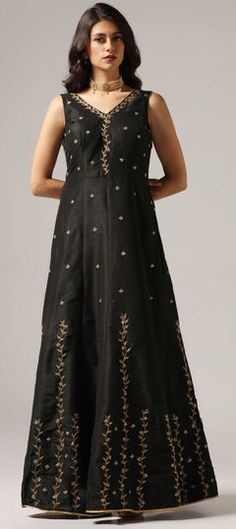 Black and Grey color Gown in Raw Silk fabric with Cut Dana, Resham, Sequence, Zari work Black Dress For Festive Banquet, Black Dress For Banquet And Festive Occasions, Festive Black Dress For Banquet, Festive Black Banquet Dress, Festive Black Long Dress, Black Evening Dress For Wedding Festivities, Black Wedding Dress For Festive Occasion, Festive Black Wedding Evening Dress, Black Festive Evening Dress