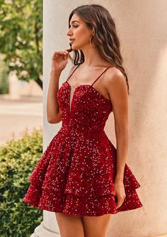 A-line V Neck Short/Mini Velvet Sequins Homecoming Dress with Ruffles S8092H - Homecoming Dresses - Stacees Fitted Tiered Homecoming Dress, Fitted Tiered Dress For Homecoming, Red Hoco Dress Short, Winter Formal Dresses Short, Sparkly Hoco Dress, Hoco Dress Short, Red Hoco Dresses, Red Hoco Dress, Long Sleeve Homecoming Dress