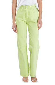 A vibrant hue and wide-leg silhouette amplify the trendsetting appeal of nonstretch-denim jeans that will elevate your compliment-worthy style. Zip fly with button closure Five-pocket style 100% cotton Machine wash, tumble dry Imported Trendy Relaxed Fit Flare Jeans With Button Closure, Trendy Green Relaxed Fit Wide Leg Pants, Trendy Summer Flare Jeans With Button Closure, Trendy Green Wide Leg Pants With Relaxed Fit, Spring Green Mid-rise Flare Jeans, Trendy Green Wide Leg Pants, Cotton Wide Leg Spring Jeans, High Rise Green Flare Jeans For Spring, Modern Green Bottoms For Spring