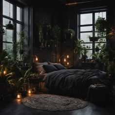 a bedroom with lots of plants and candles