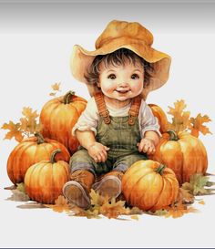 a painting of a little boy sitting on top of pumpkins wearing a cowboy hat