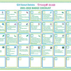 the girl scout's troop checklist is shown in blue, green and white