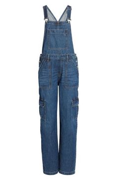 Cargo pockets and a baggy fit up the utilitarian appeal of these classic overalls cut from nonstretch denim with a dark-wash finish. 32" inseam Square neck Adjustable buckle straps 100% cotton Machine wash, tumble dry Imported Utility Style Denim Blue Straight Leg Jumpsuit, Dark Wash Wide Leg Overalls With Pockets, Wide Leg Dark Wash Overalls With Pockets, Utility Dark Wash Denim Jumpsuit With Pockets, Casual Cargo Jeans Overalls, Dark Wash Utility Denim Jumpsuit, Utility Denim Jumpsuit In Medium Wash With Side Pockets, Utility Style Medium Wash Denim Jumpsuit With Side Pockets, Utility Style Dark Wash Denim Jumpsuit