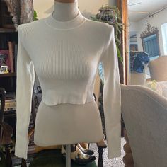 White Sweater With Crop Top And Open Back Size Medium. Never Worn. White Stretch Crop Top For Fall, Fitted Cropped Sweater In Solid Color, Solid Fitted Cropped Sweater, Chic Fitted Cotton Sweater, Fitted Chic Cotton Sweater, Fitted White Sweater For Spring, Fitted White Top For Fall, Fitted White Cotton Sweater, Winter White Crop Top