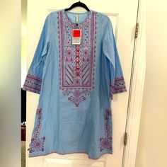 Shirt Only Ethnic Brand Brand New With Tag Medium Length Summer Shirt Color Is More Like In First Picture Blue Block Print Straight Kurta Top, Blue Straight Kurta Tunic For Spring, Blue Traditional Wear With Long Sleeves And Traditional Patterns, Blue Bohemian Tops With Printed Motifs, Bohemian Blue Kurta With Printed Motifs, Blue Tunic Kurta For Festivals, Bohemian Blue Blouse For Eid, Blue Bohemian Blouse For Eid, Light Blue Long Sleeve Summer Kurta