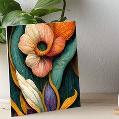 a painting of an orange and pink flower on a green leafy background art board print