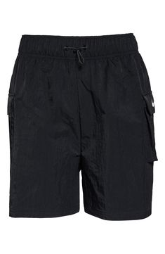 These high-waisted shorts are made from a soft, smooth woven fabric with a roomy fit, making them perfect for workouts and casual wear. Cargo pockets allow for secure storage of your small essentials. 4 1/2" inseam; 28" leg opening; 13" front rise; 17" back rise (size Medium) Drawcord-toggle waist Mesh liner 100% nylon Machine wash, line dry Imported High Waist Shorts, Nike Sportswear, High Waisted Shorts, Woven Fabric, Casual Wear, High Waist, Nordstrom, Black White, Size Medium