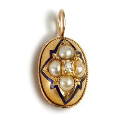 A perfect example of Victorian craftsmanship.  This charming elongated oval pendant started its life as a stick pin.   Beautiful mounded shape with a cobalt blue enamel star at the border and set with 4 creamy white seed pearls and a rose cut diamond at its center.  I've added a modern polished 14KT handmade back to make it comfortable to wear and an oval handmade bale to allow it to go through many different width chains.  Small in scale at 17mm in height by 9 mm wide. Perfect on its own around the neck or worn with other chains and pendants.  2.5 grams 14 KT.  Not marked but tested.  English in origin.  Chain may be purchased separately. Classic Oval Enamel Jewelry, Elegant Oval Enamel Jewelry, Oval Enamel Jewelry For Wedding, Oval Enamel Wedding Jewelry, Antique Oval Pearl Pendant Jewelry, Elegant Enamel Jewelry With Cabochon, Elongated Oval, Stick Pins, Seed Pearl